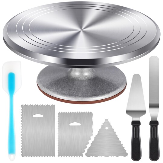 Aluminium Cake Turntable Set, Baking Tools with Revolving 12" Cake Stand for Decorating, 12.7" Offset Spatula, 3 Stainless Steel Frosting Icing Smoother, Cake Serve Cake Decorating Kit Supplies